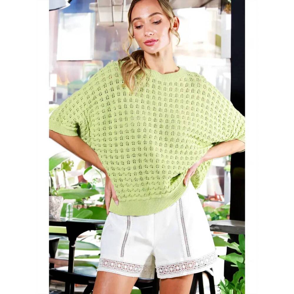 NEW VINE & LOVE crew neck crochet textured knitted sweater top in sage